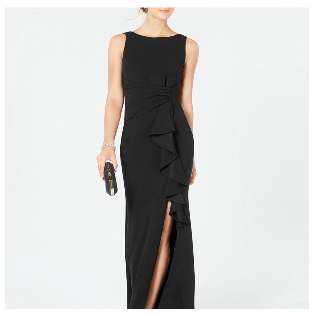 Betsy and Adam Black Ruffled Bow Scuba Crepe Gown - 10 (New)